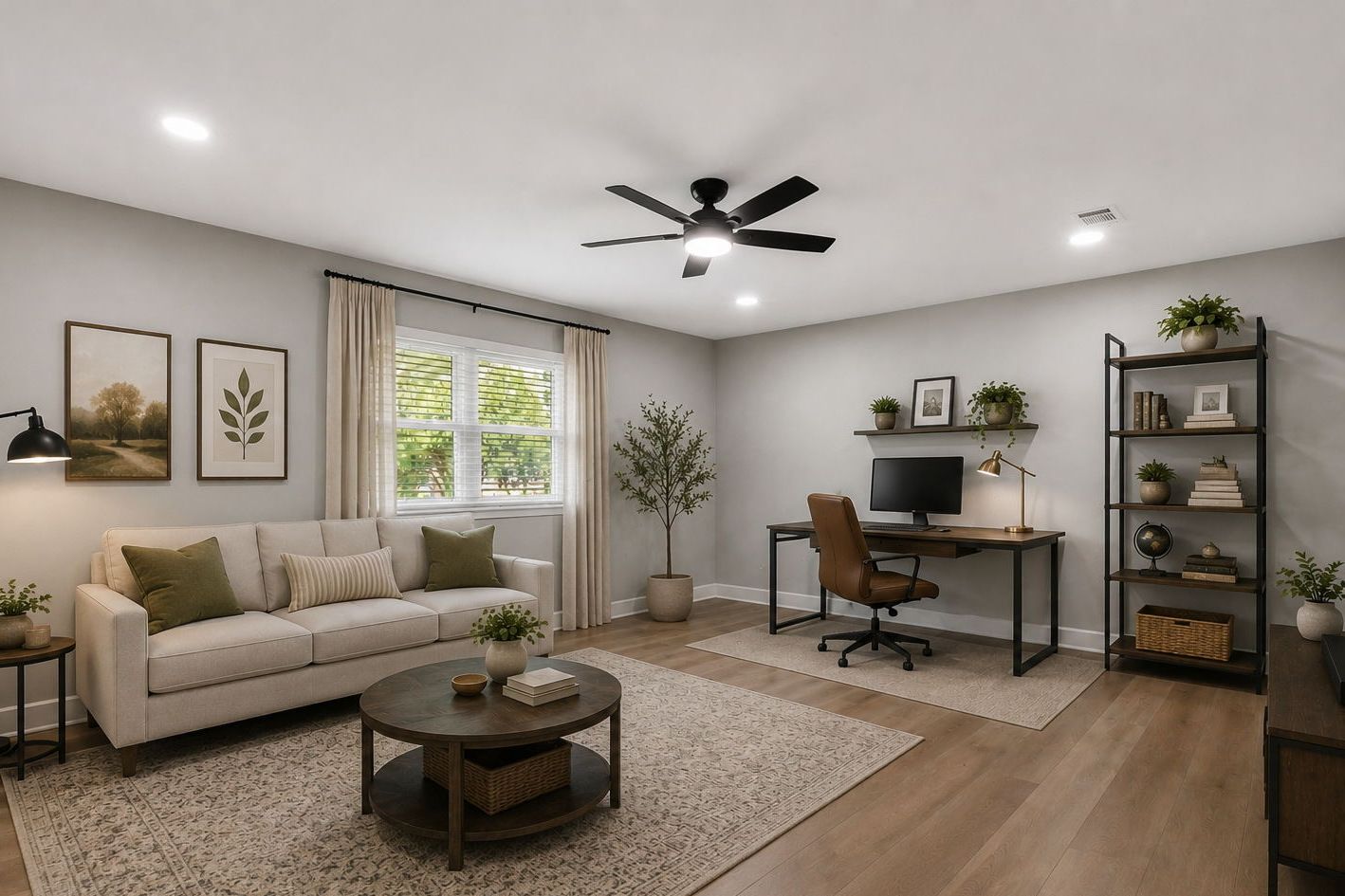 A second living area, virtually staged as a sitting room with a work corner